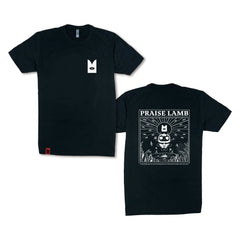 //merch.devolverdigital.co/cdn/shop/products/Praise-Lamb_white-on-black_tshirt_comp-render_1024x1024.jpg?v=1674823717 Cult of the Lamb Praise Lamb T-Shirt (Black)
